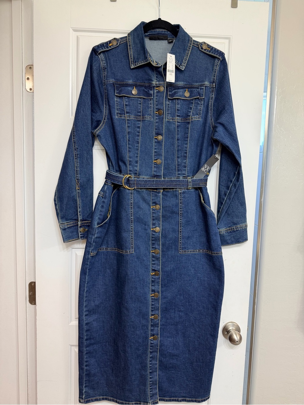 NYC Dark Blue Denim Button-Front Long-Sleeve Midi Dress with Belt